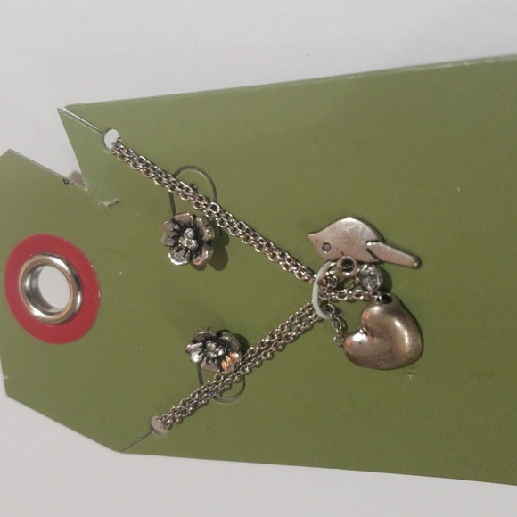 Silver Tone Heart Bird Charm Necklace & Flower Stud Earrings, Women’s Jewelry - Picture 4 of 8